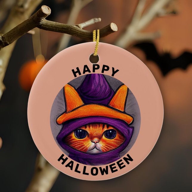 Orange Cat with Purple Witch Hat Happy Halloween Ceramic Ornament (Creator Uploaded)