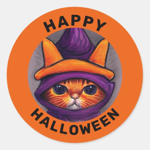 Orange Cat with Purple Witch Hat Happy Halloween Classic Round Sticker