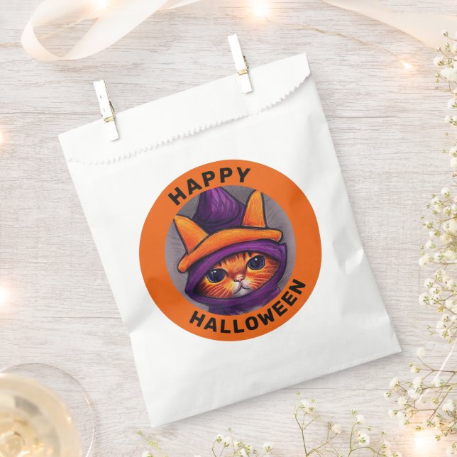 Orange Cat with Purple Witch Hat Happy Halloween Favor Bag (Clipped)