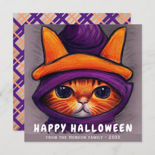 Orange Cat with Purple Witch Hat Happy Halloween Holiday Card