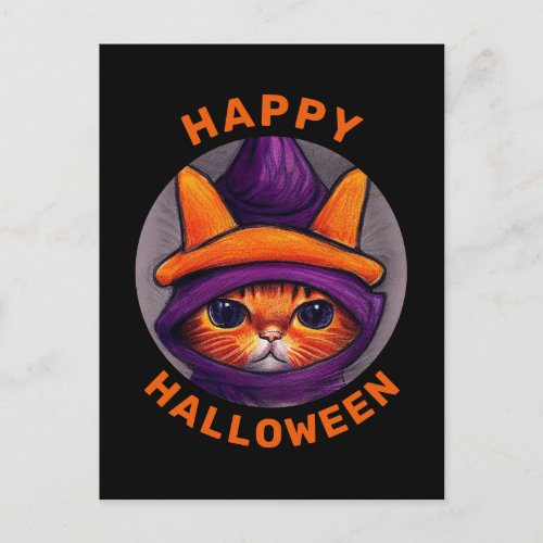Orange Cat with Purple Witch Hat Happy Halloween  Holiday Postcard