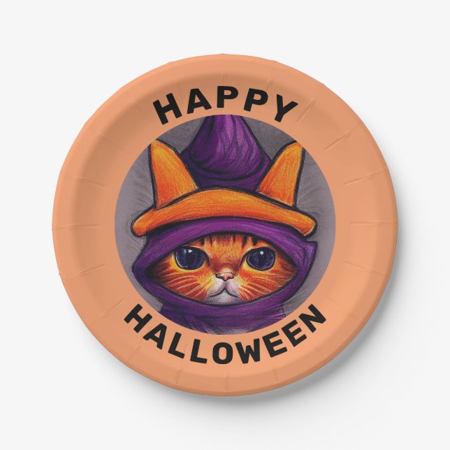 Orange Cat with Purple Witch Hat Happy Halloween Paper Plates (Front)