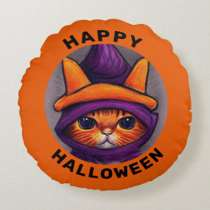 Orange Cat with Purple Witch Hat Happy Halloween Round Pillow