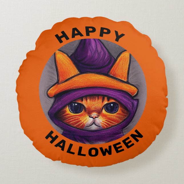 Orange Cat with Purple Witch Hat Happy Halloween Round Pillow (Front)