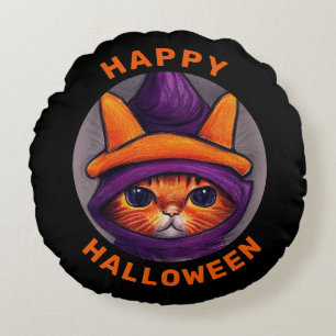 Orange Cat with Purple Witch Hat Happy Halloween Round Pillow