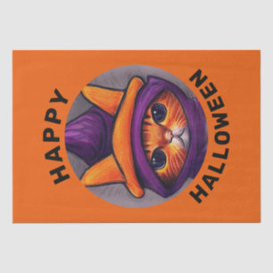 Orange Cat with Purple Witch Hat Happy Halloween Tissue Paper