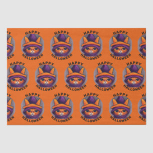 Orange Cat with Purple Witch Hat Happy Halloween Tissue Paper