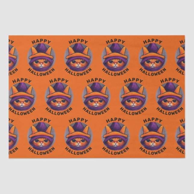 Orange Cat with Purple Witch Hat Happy Halloween Tissue Paper (Front)