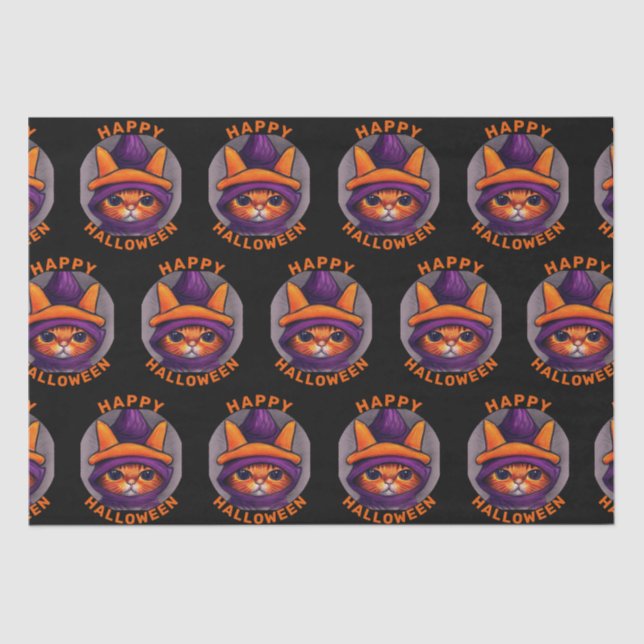 Orange Cat with Purple Witch Hat Happy Halloween Tissue Paper (Front)