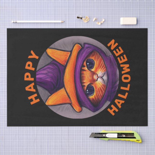 Orange Cat with Purple Witch Hat Happy Halloween  Tissue Paper (Craft)