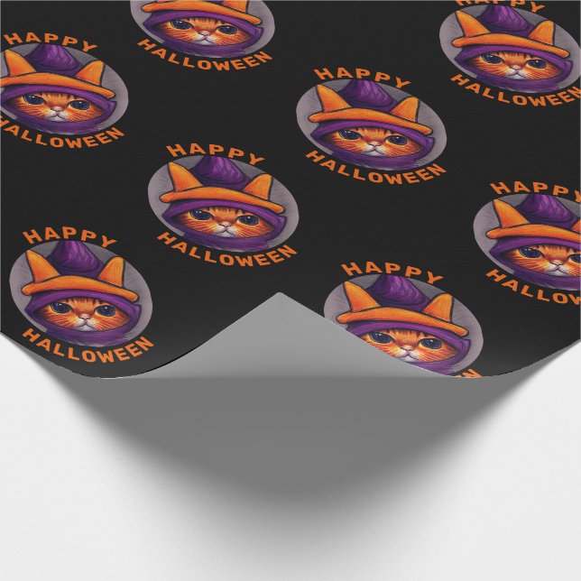 Orange Cat with Purple Witch Hat Happy Halloween Wrapping Paper (Corner)