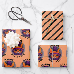 Orange Cat with Purple Witch Hat Happy Halloween Wrapping Paper Sheets