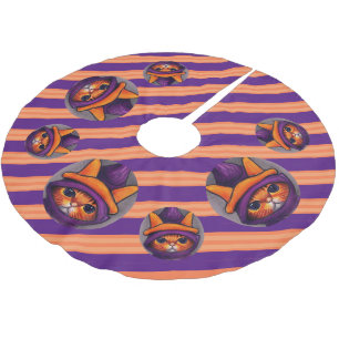 Orange Cat with Purple Witch Hat Stripe Halloween Brushed Polyester Tree Skirt