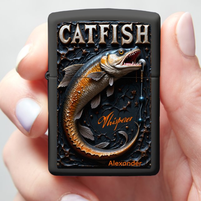 Orange Catfish Personalized Dark Hook Zippo Lighter (In Hand)