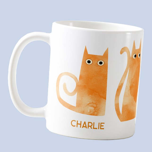 Orange Cats Personalized Coffee Mug (Fun watercolor orange ginger kitty cat personalized custom name coffee mug)