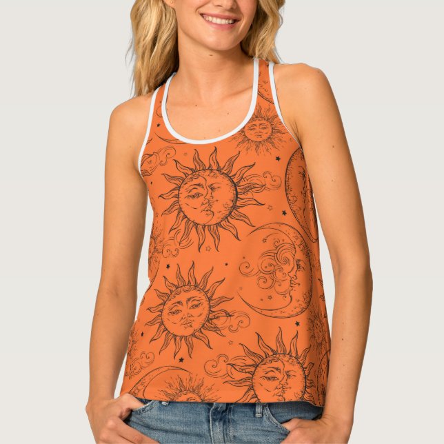 Orange Celestial Vintage Sun & Moon Tank Top (Front)