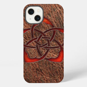Orange celtic knot flower on genuine leather iPhone 13 case
