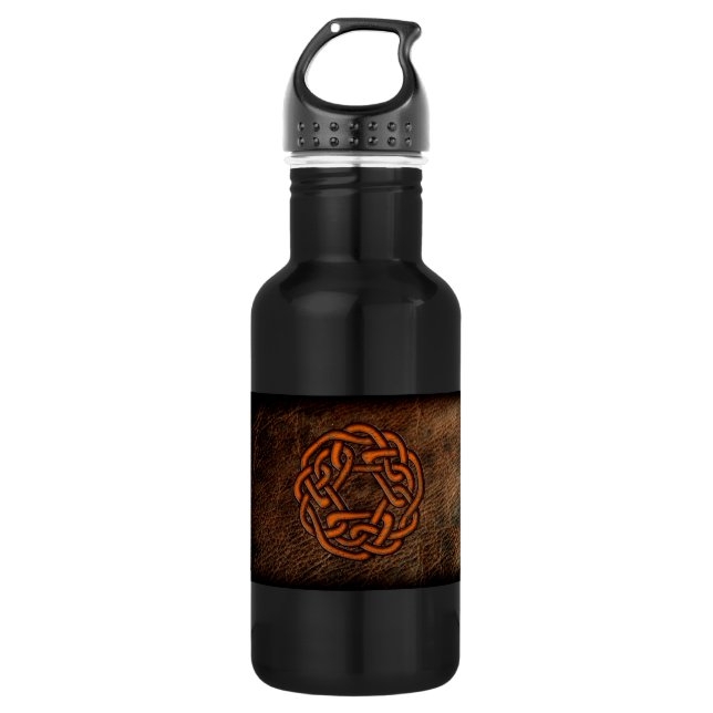 Orange celtic knot on leather stainless steel water bottle (Front)