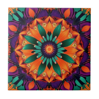 Orange Centered Teal Flower Ceramic Tile