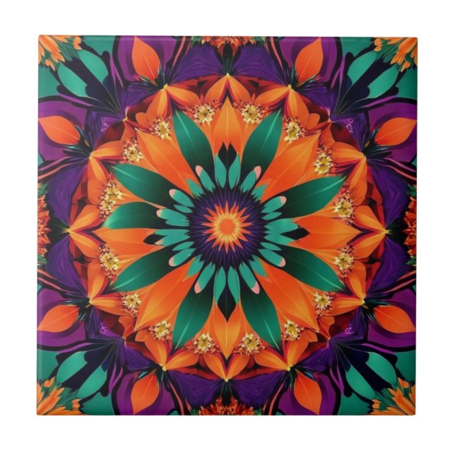 Orange Centered Teal Flower Ceramic Tile (Front)