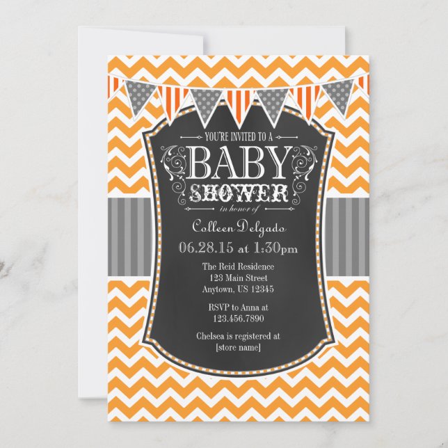 Orange Chalkboard Chevron Baby Shower Invite (Front)