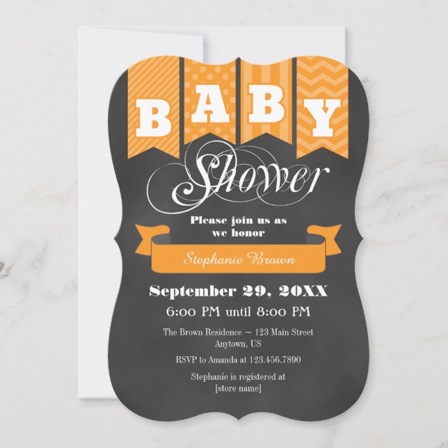 Orange Chalkboard Flag Baby Shower Invite (Front)