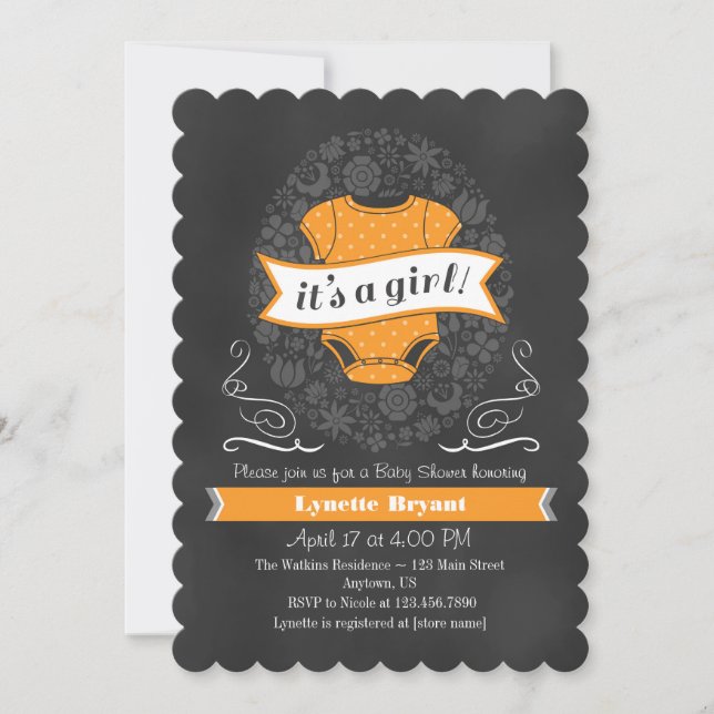 Orange Chalkboard Girl Baby Shower Invite (Front)