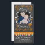 Orange Chalkboard Merry Christmas Photo Card<br><div class="desc">Merry Christmas holiday photo cards with a chalkboard look background,  lots of orange swirls and text that reads Merry Christmas,  a string of colorful tree lights in various colors,  orange hanging ornaments,  and areas you can customize these beautiful and bright holiday photo cards with your photo and names!</div>