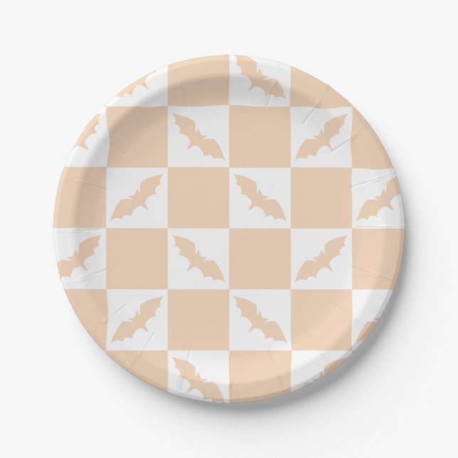 Orange Check Design with Flying Bats Paper Plates (Front)