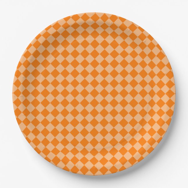 Orange Checker Diamond Pattern Paper Plates (Front)