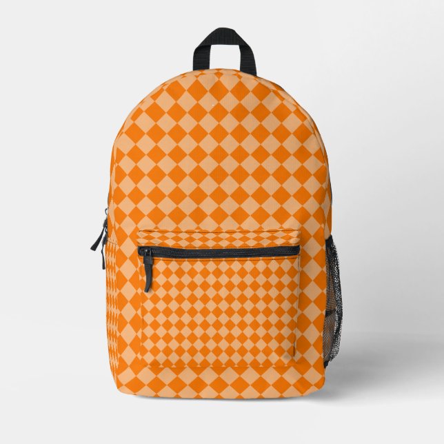 Orange Checker Diamond Pattern Printed Backpack (Front)