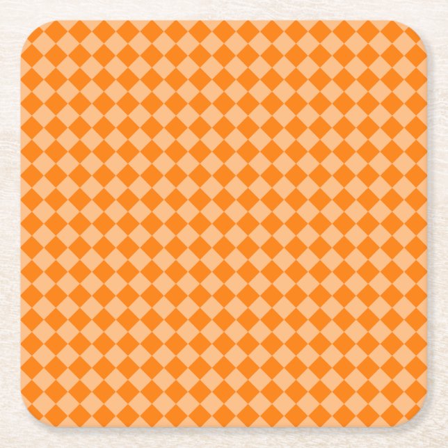 Orange Checker Diamond Pattern Square Paper Coaster (Front)