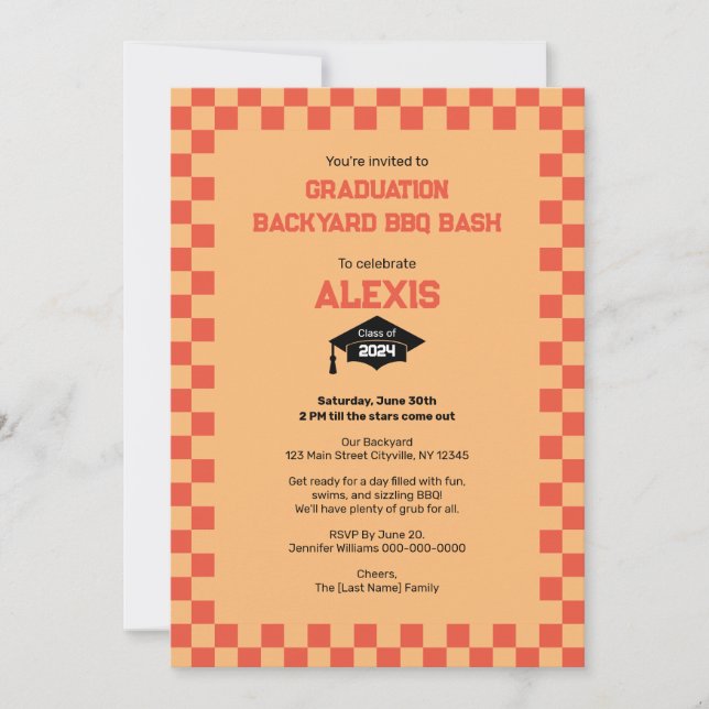Orange Checkerboard Backyard Graduation Party  Invitation (Front)