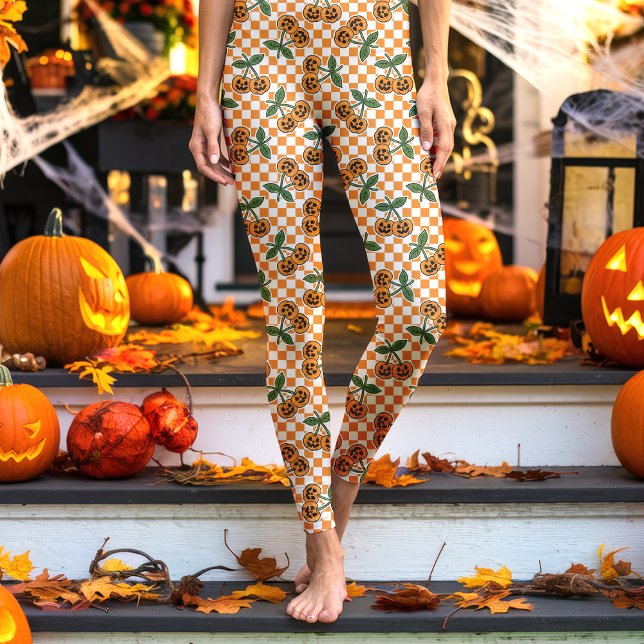 Orange Checkerboard Cherry Pumpkins Pattern Leggings (Creator Uploaded)