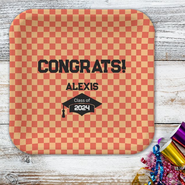 Orange Checkerboard Graduation Party  Paper Plates (Creator Uploaded)