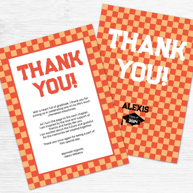 Orange Checkerboard Graduation Party  Thank You Card (Creator Uploaded)
