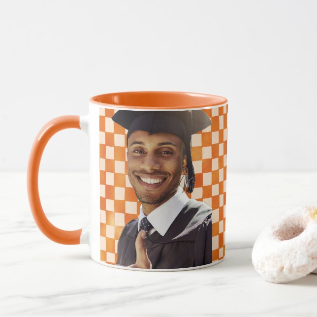Orange Checkered Custom Portrait Men Graduation Mug (With Donut)