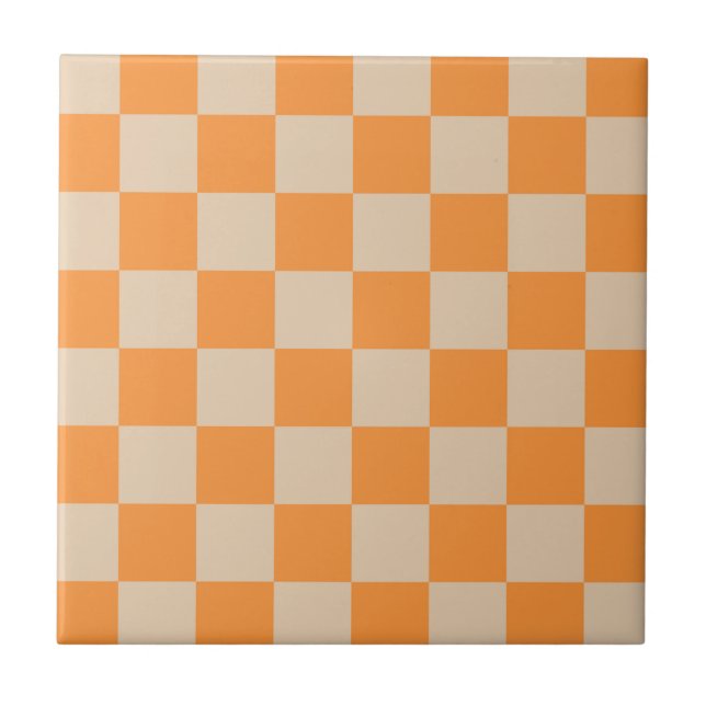 Orange Checkered Gingham Pattern Ceramic Tile (Front)
