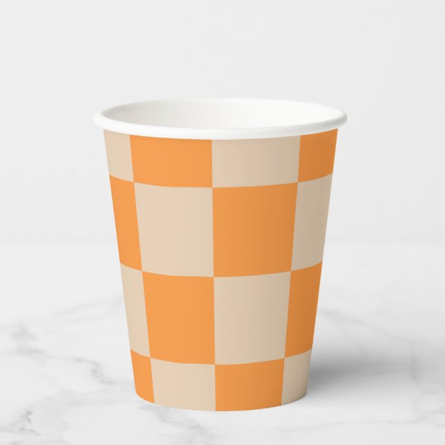 Orange Checkered Gingham Pattern Paper Cups (Front)