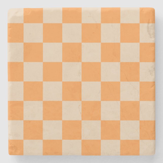 Orange Checkered Gingham Pattern Stone Coaster (Front)