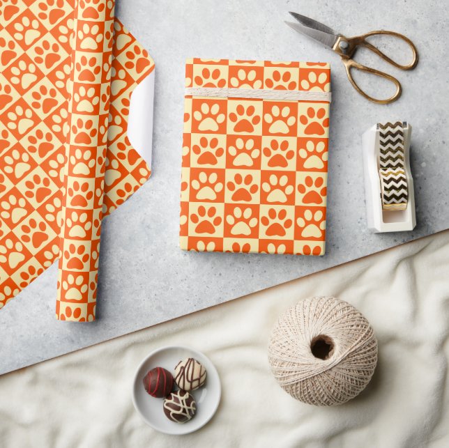 Orange Checkered Paw Prints Pattern Wrapping Paper (Crafts)