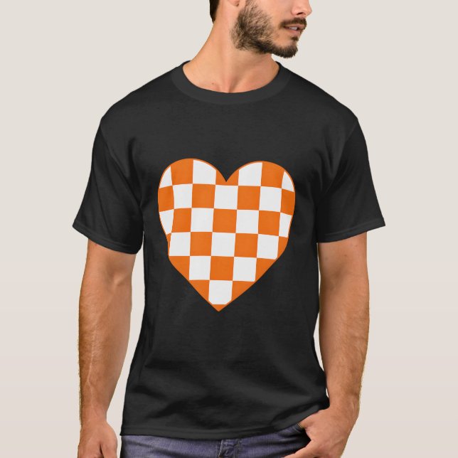 Orange Checkered Plaid Love Heart Racing Chess Lov T-Shirt (Front)