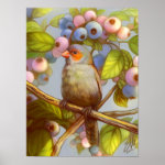 Orange Cheeked Waxbill Finch With Blueberries Realistic Painting Poster