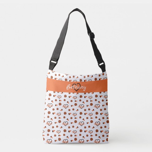 Orange Cheer Hearts, Pom Poms, Megaphone Pattern Crossbody Bag (Front)