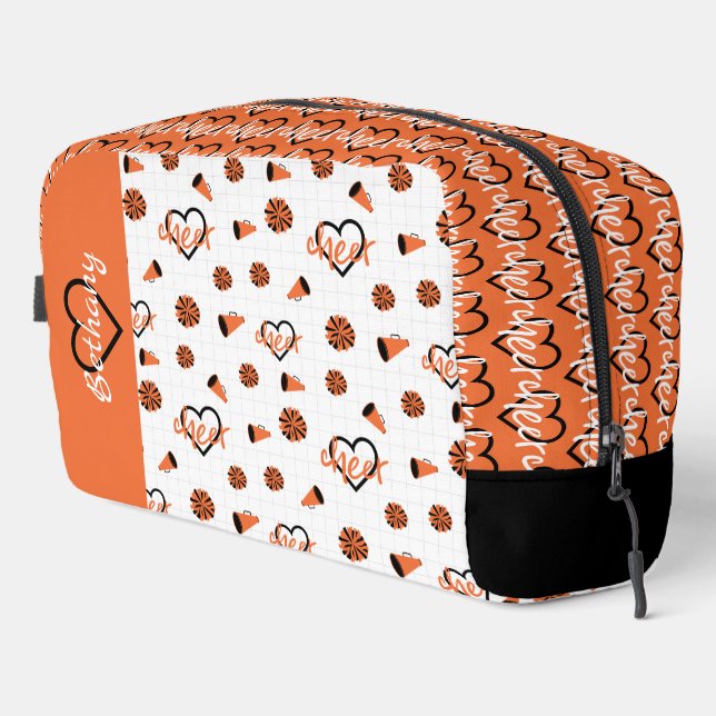 Orange Cheer Hearts, Pom Poms, Megaphone Pattern Dopp Kit (Right Corner)