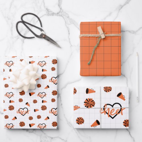 Orange Cheer Hearts Pom Poms Megaphone Pattern Wrapping Paper Sheets
