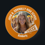 Orange Cheerleader Photo High School Large Spirit Button<br><div class="desc">This cool customized high school cheerleader photo gift features white typography of your team and player name on an orange spirit button with a CHEER megaphone. Personalize with your student's photograph and class year as a proud cheerleading parent. A mom and dad can wear these buttons to competition and games....</div>