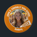 Orange Cheerleader Photo High School Large Spirit Button<br><div class="desc">This cool customized high school cheerleader photo gift features white typography of your team and player name on an orange spirit button with a CHEER megaphone. Personalize with your student's photograph and class year as a proud cheerleading parent. A mom and dad can wear these buttons to competition and games....</div>