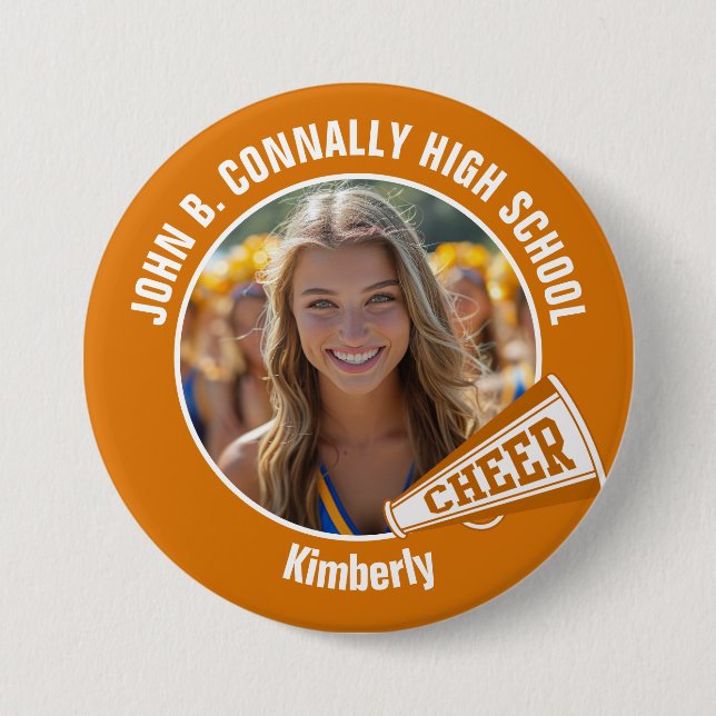 Orange Cheerleader Photo High School Large Spirit Button (Front)