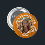 Orange Cheerleader Photo High School Spirit Cheer Button<br><div class="desc">This cool customized high school cheerleader photo gift features white typography of your team and player name on an orange button with a CHEER megaphone. Personalize with your student's photograph and class year as a proud cheerleading parent. A mom and dad can wear these buttons to competition and games.</div>
